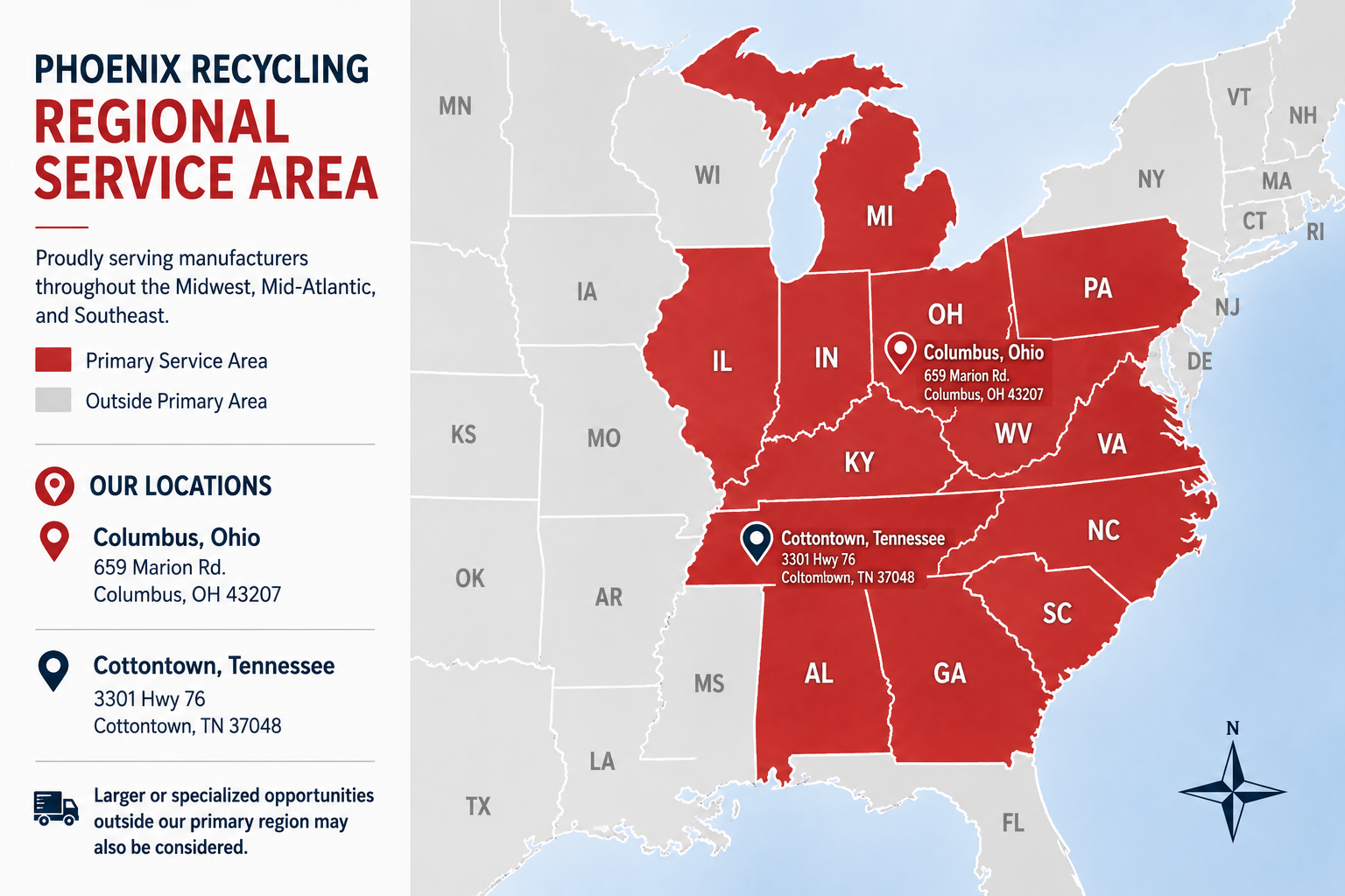 Phoenix Recycling regional service area across the Midwest and Southeast